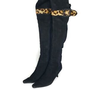Stuart weitzman Over The Knee Black Suede Leopard Pointed Toe Heel Sz 6.5 Boots